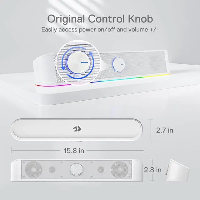 Alt view image 6 of 7 - GS560 RGB Desktop Soundbar, 2.0 Channel Computer Speaker with Dynamic Lighting Bar Audio-Light Sync/Display, Touch-Control Backlit with Volume Knob, USB Powered w/ 3.5mm Cable, White
