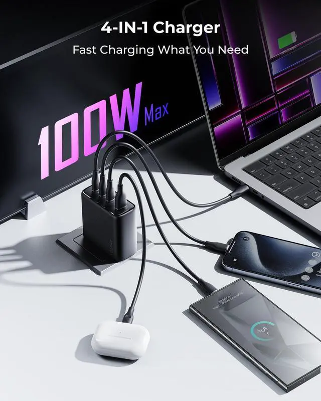 Alt view image 3 of 7 - 100W USB C Charger, 4-Port PD GaN Foldable Compact Fast Wall Charger Power Adapter for MacBook Pro/Air, iPad Pro, iPhone 16/15/14, Galaxy S24 Ultra, Steam Deck, Google Pixelbook
