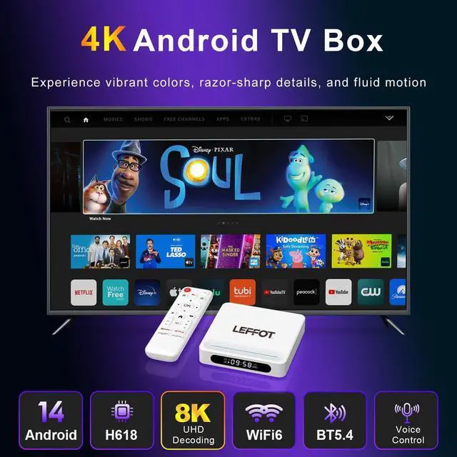 Alt view image 2 of 7 - Android 14.0 TV Box, H618 Plus 4K UHD Smart TV Box, 4GB RAM + 128GB ROM, Support HDR10, 2.4G & 5G WiFi 6, Allwinner H618 Quad Core A53