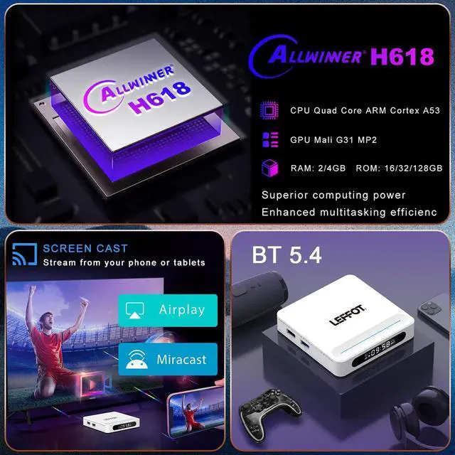 Alt view image 6 of 7 - Android 14.0 TV Box, H618 Plus 4K UHD Smart TV Box, 4GB RAM + 128GB ROM, Support HDR10, 2.4G & 5G WiFi 6, Allwinner H618 Quad Core A53