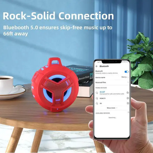 Alt view image 5 of 7 - Bluetooth Shower Speaker, Waterproof Portable Speakers IPX7 Floating, True Wireless Stereo BT 5.0 Speaker with Bass, 2000mAh LED Light for Shower, Pool, Beach, Gifts for Women- Red