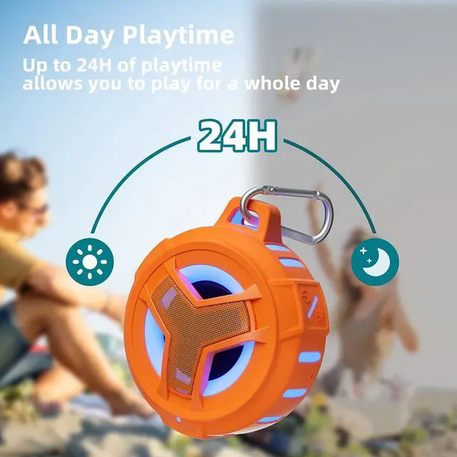 Alt view image 6 of 7 - Bluetooth Shower Speaker, IPX7 Waterproof Portable Wireless Small Mini Speakers, Floating, 2000 mAh with RGB Light for Pool, Beach, Boat, Kayak Accessories, Gifts for Men and women -Orange