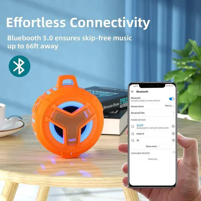 Alt view image 7 of 7 - Bluetooth Shower Speaker, IPX7 Waterproof Portable Wireless Small Mini Speakers, Floating, 2000 mAh with RGB Light for Pool, Beach, Boat, Kayak Accessories, Gifts for Men and women -Orange