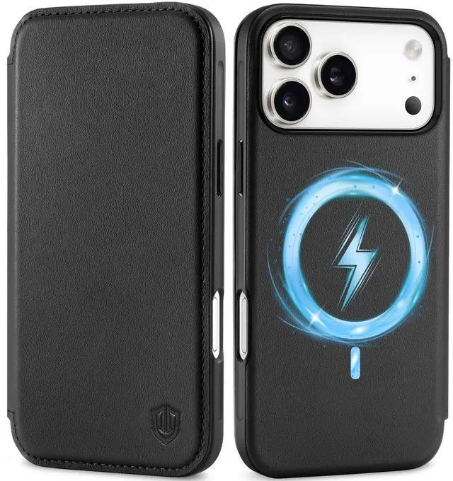 Main image of Slim Wallet Case for iPhone 17 Pro Max 6.9-inch 5G 2025 | Genuine Leather | Magnetic Closure | Wireless Charging | RFID Blocking Credit Card Holder | Folio Protective Cover | Black