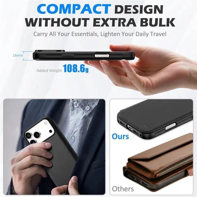 Alt view image 4 of 7 - Slim Wallet Case for iPhone 17 Pro Max 6.9-inch 5G 2025 | Genuine Leather | Magnetic Closure | Wireless Charging | RFID Blocking Credit Card Holder | Folio Protective Cover | Black