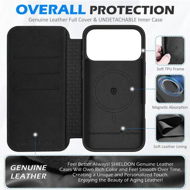 Alt view image 3 of 7 - Slim Wallet Case for iPhone 17 Pro Max 6.9-inch 5G 2025 | Genuine Leather | Magnetic Closure | Wireless Charging | RFID Blocking Credit Card Holder | Folio Protective Cover | Black