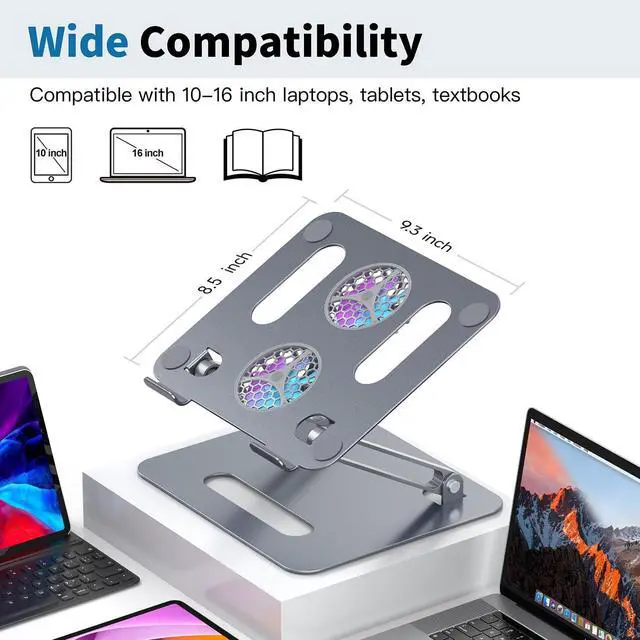 Alt view image 7 of 7 - Adjustable Laptop Cooling Stand with 2 Quiet Fans & RGB Lighting, Aluminum Alloy & Foldable Ergonomic Design for MacBook, Lenovo, ASUS, Dell 10-16 Inch, Perfect for Gaming, DJ, Office - Gray