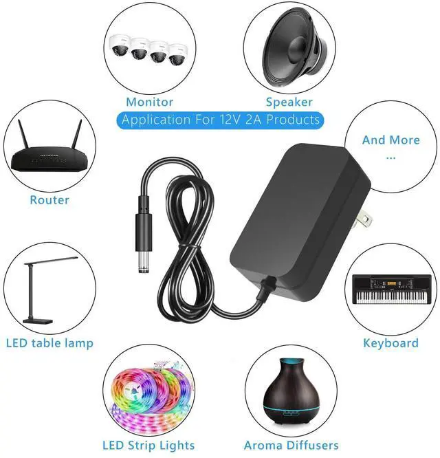 Alt view image 4 of 7 - 12V 2A Power Supply, AC 120V to DC12V 5.5x2.1mm Jack Converter, 12 Volt LED Driver 24W Adapter Transformer for Strip Lights, Surveillance Cameras, External HDD, Monitor, CCTV (Pack of 5)