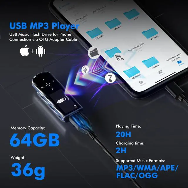 Alt view image 4 of 7 - 64GB Clip on USB MP3 Player with Bluetooth, Portable Audio Music Player for Sports Running, HiFi Lossless Sound MP3 Player with FM Radio,6000+ Song Storage, One-Key Recording, USB Charging