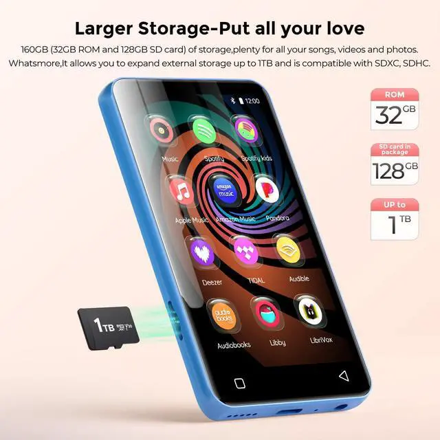 Alt view image 5 of 7 - 160GB MP3 Player with Bluetooth and WiFi, Music Player with Spotify,Pandora,Amazon Music,4" Touch Screen Android MP4 MP3 Player for Kids with Libby,Audible,Spotify Kids(Blue)