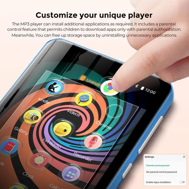 Alt view image 4 of 7 - 160GB MP3 Player with Bluetooth and WiFi, Music Player with Spotify,Pandora,Amazon Music,4" Touch Screen Android MP4 MP3 Player for Kids with Libby,Audible,Spotify Kids(Blue)