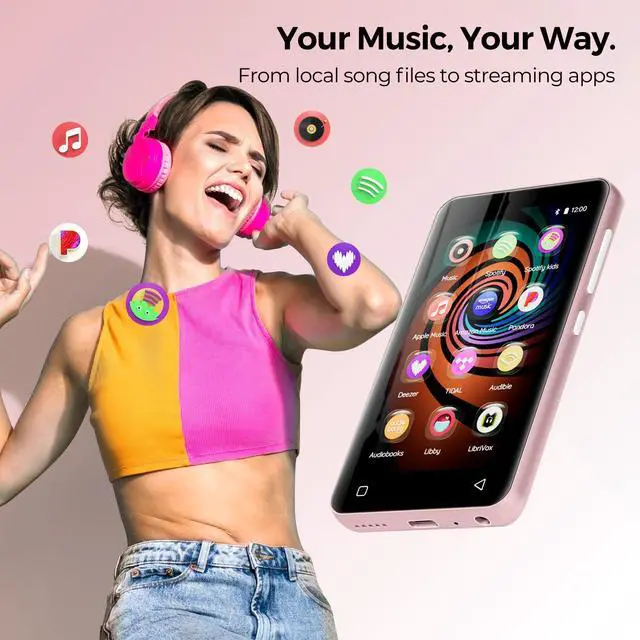 Alt view image 2 of 7 - 160GB MP3 Player with Bluetooth and WiFi, MP3 MP4 Player for Kids with Spotify, Amazon Music, Audible, Libby, 4.0" Touch Screen Android Music Player with Speaker, Up to 1TBPink