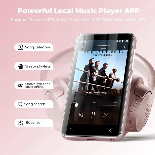 Alt view image 4 of 7 - 160GB MP3 Player with Bluetooth and WiFi, MP3 MP4 Player for Kids with Spotify, Amazon Music, Audible, Libby, 4.0" Touch Screen Android Music Player with Speaker, Up to 1TBPink