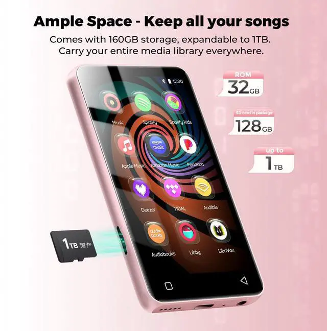 Alt view image 5 of 7 - 160GB MP3 Player with Bluetooth and WiFi, MP3 MP4 Player for Kids with Spotify, Amazon Music, Audible, Libby, 4.0" Touch Screen Android Music Player with Speaker, Up to 1TBPink