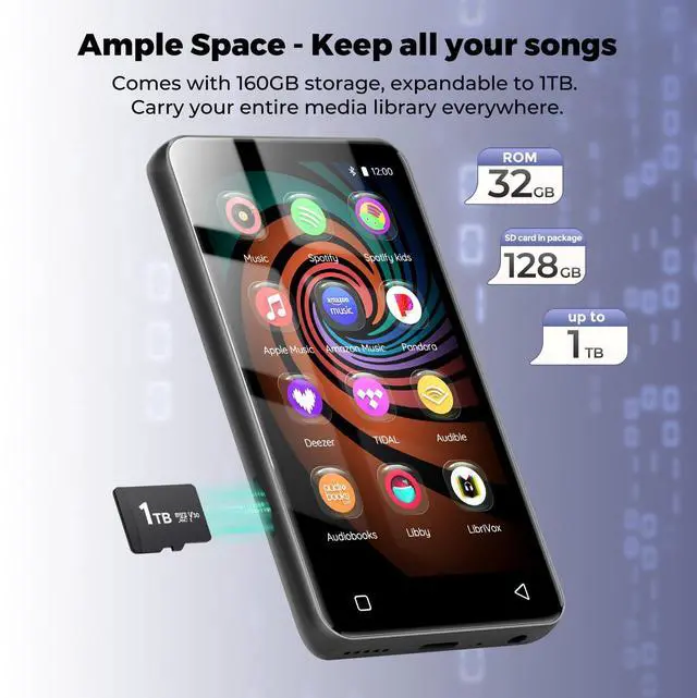 Alt view image 5 of 7 - 160GB MP3 Player with Bluetooth and WiFi, innioasis, MP3 MP4 Player for Kids with Spotify, Amazon Music, Audible, Libby, 4.0" Touch Screen Android Music Player with Speaker, Up to 1TB (Gray)