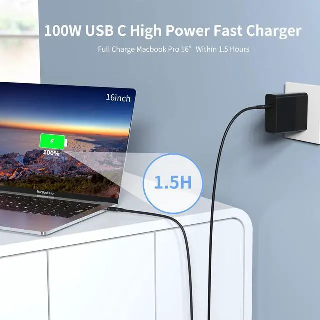 Alt view image 2 of 7 - 100W USB C Charger, GaN Type C Fast Wall Charger for MacBook Pro/Air, Google Pixelbook, ThinkPad, Dell XPS, iPad Pro, Galaxy S22/S20, iPhone 14/Pro/Max, 20V 5A, 6.6ft USB C to C Cable Included