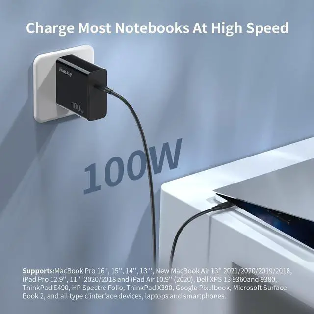 Alt view image 6 of 7 - 100W USB C Charger, GaN Type C Fast Wall Charger for MacBook Pro/Air, Google Pixelbook, ThinkPad, Dell XPS, iPad Pro, Galaxy S22/S20, iPhone 14/Pro/Max, 20V 5A, 6.6ft USB C to C Cable Included