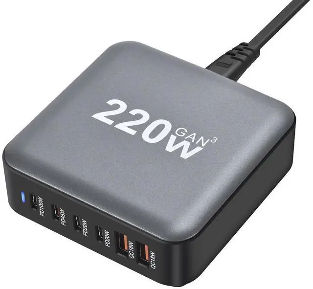 Main image of 220W GaN III 6 Ports Fast Charging Station Hub Block Portable Wall PD Charger Power Adapter, 100W Port for MacBook Pro/Air, iPhone 15 14 13 12 11, Galaxy S24 S23