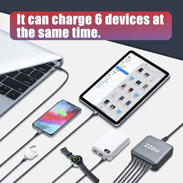 Alt view image 3 of 7 - 220W GaN III 6 Ports Fast Charging Station Hub Block Portable Wall PD Charger Power Adapter, 100W Port for MacBook Pro/Air, iPhone 15 14 13 12 11, Galaxy S24 S23