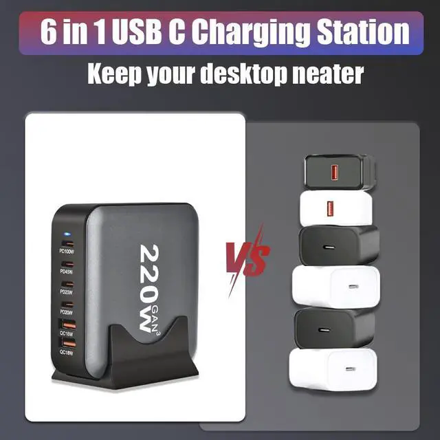 Alt view image 7 of 7 - 220W GaN III 6 Ports Fast Charging Station Hub Block Portable Wall PD Charger Power Adapter, 100W Port for MacBook Pro/Air, iPhone 15 14 13 12 11, Galaxy S24 S23