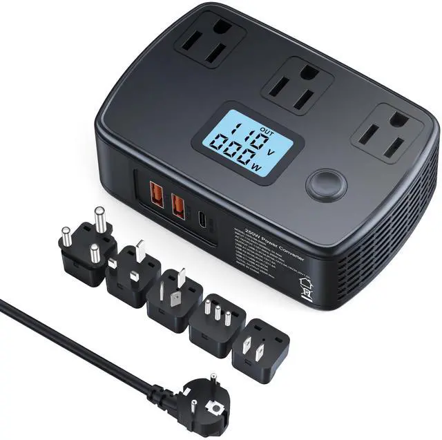 Main image of 220 to 110 Voltage Converter Step Down Transformer with PD30W + 2 QC3.0 + 3 AC Outlets + Voltage and Wattage LCD Display, 250W Travel Power Converter Adapter Combo for EU/UK/AUS/Asia/Italy/S.Africa