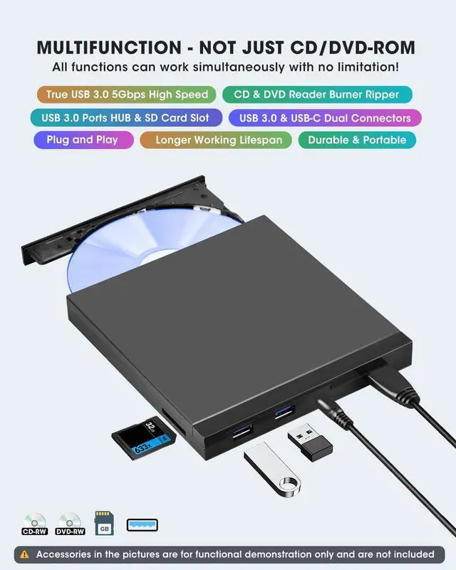 Alt view image 2 of 7 - External CD DVD Drive with SD Card Reader & USB 3.0 Ports Hub & Carrying Case, USB-C CD DVD ROM/RW Disk Player Burner Writer for Laptop Mac PC Windows 11/10 MacBook iMac Desktop Computer