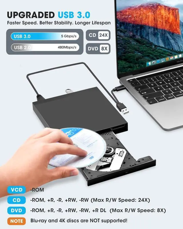 Alt view image 3 of 7 - External CD DVD Drive with SD Card Reader & USB 3.0 Ports Hub & Carrying Case, USB-C CD DVD ROM/RW Disk Player Burner Writer for Laptop Mac PC Windows 11/10 MacBook iMac Desktop Computer