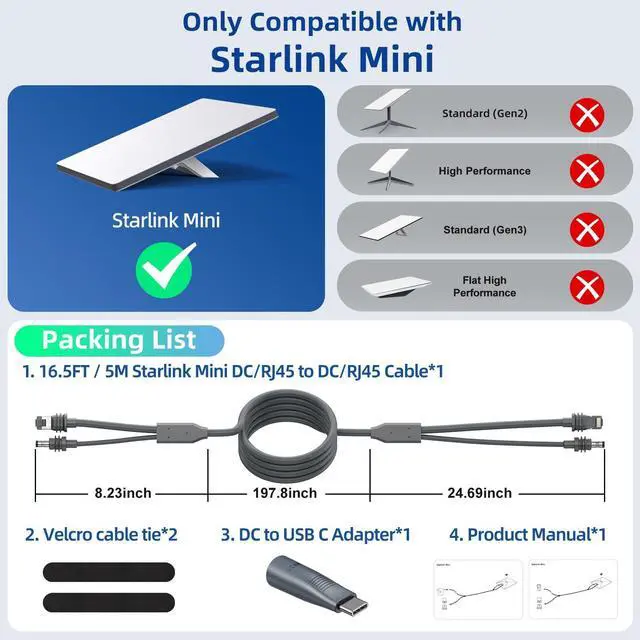 Alt view image 4 of 7 - Starlink Mini Ethernet Cable with Power Cord, 3 in 1 - RJ45 to RJ45 / DC to DC/DC to C, Replacement Waterproof Extension Starlink Mini Cable Accessories (16.5FT/5M)