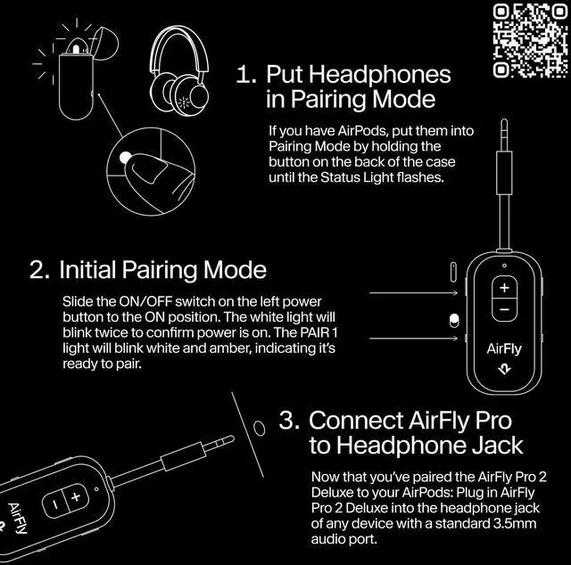 Alt view image 6 of 6 - AirFly Pro 2 Deluxe Bluetooth Adapter for Airplane, Pair 2 AirPods or Wireless Headphones 3.5mm AUX Bluetooth Transmitter/Receiver for Cars, Boats, Treadmills, TVs Airplane Travel Essentials