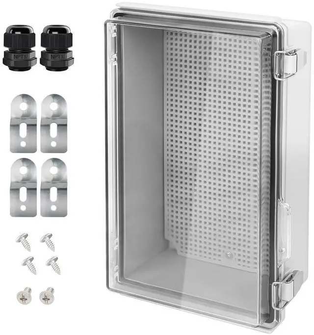 Main image of Electrical Box, IP67 Waterproof Hinged Clear Cover Stainless Steel Latch Junction Box, ABS Plastic Electrical Enclosure with Mounting Plate,Wall Brackets, Cable Glands,10.2"x6.3"x3.9", Grey