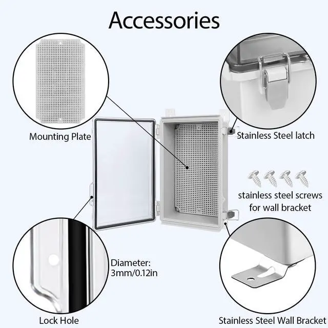Alt view image 4 of 7 - Electrical Box, IP67 Waterproof Hinged Clear Cover Stainless Steel Latch Junction Box, ABS Plastic Electrical Enclosure with Mounting Plate,Wall Brackets, Cable Glands,10.2"x6.3"x3.9", Grey