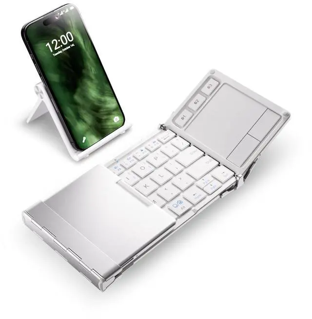 Main image of Bluetooth Keyboard with Touchpad, Foldable Keyboard, Metal Body, Gesture Support, USB-C Charge, Pocket-Size Wireless for Travel, iPad, iPhone, Android, Windows, Silver White