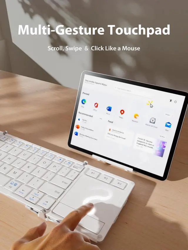 Alt view image 3 of 7 - Bluetooth Keyboard with Touchpad, Foldable Keyboard, Metal Body, Gesture Support, USB-C Charge, Pocket-Size Wireless for Travel, iPad, iPhone, Android, Windows, Silver White
