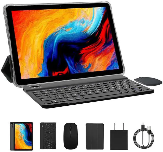 Main image of All-New Tablet 10 inch Android 14, Octa-Core, WI-FI 6, 2 in 1 Tablets HD IPS Display, 64GB, with Keyboard, a Customized Case, Charger & Mouse, Bluetooth, Dual Camera, Google Tablet