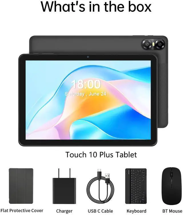 Alt view image 7 of 7 - All-New Tablet 10 inch Android 14, Octa-Core, WI-FI 6, 2 in 1 Tablets HD IPS Display, 64GB, with Keyboard, a Customized Case, Charger & Mouse, Bluetooth, Dual Camera, Google Tablet