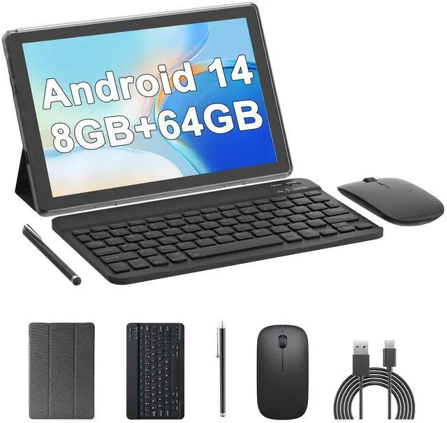 Main image of 2 in 1 Tablet 10 Inch Android 14 Tablets with Keyboard 64GB ROM 8GB RAM Support 1TB expansion 10.1" Tablet include Mouse Case Stylus Tab 8MP+2MP Cameras 6000mAh Battery Bluetooth Wifi6 Android Tableta