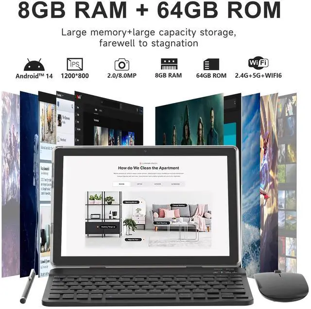 Alt view image 2 of 7 - 2 in 1 Tablet 10 Inch Android 14 Tablets with Keyboard 64GB ROM 8GB RAM Support 1TB expansion 10.1" Tablet include Mouse Case Stylus Tab 8MP+2MP Cameras 6000mAh Battery Bluetooth Wifi6 Android Tableta