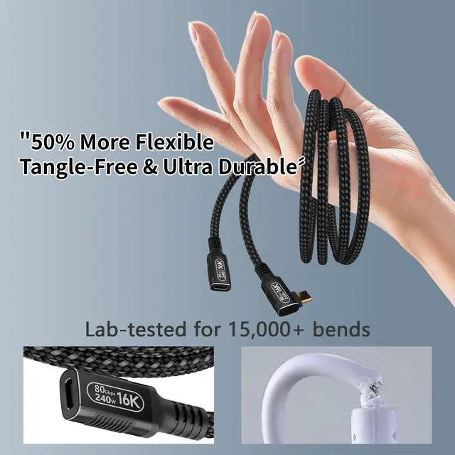 Alt view image 6 of 7 - 6.6ft/2m 80Gbps USB4 Extension Cable with 90-Degree Right Angle ,Thunderbolt 5/4 Compatible,16k/Dual 8K@60Hz Video, 240W Charging ,Usb C Male to Female Cable for M_acBook,Tablet,Docking and More