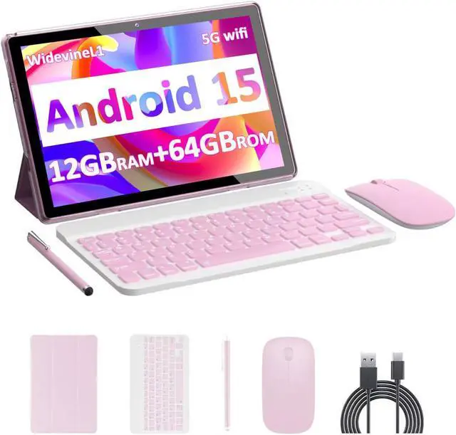 Main image of Android 15 Tablet, 10 inch 12GB RAM+64GB ROM/ 1TB Expansion, 1.8Ghz Quad-core Processor, 8MP Camera 6000mAh Battery, 1280*800 HD Touchscreen, 2 in 1 Tablets with Keyboard Case Mouse Stylus Pink