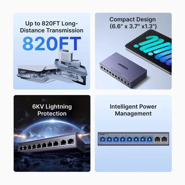 Alt view image 6 of 7 - Ethernet Switch, 10-Port PoE Switch, 8 PoE+@60W + 2 Gigabit Uplink, Plug & Play, Standard/VLAN/Extend Mode, PoE Auto Recovery, Desktop/Wall Mount Metal Network Splitter for Security Camera