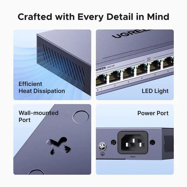 Alt view image 7 of 7 - Ethernet Switch, 10-Port PoE Switch, 8 PoE+@60W + 2 Gigabit Uplink, Plug & Play, Standard/VLAN/Extend Mode, PoE Auto Recovery, Desktop/Wall Mount Metal Network Splitter for Security Camera
