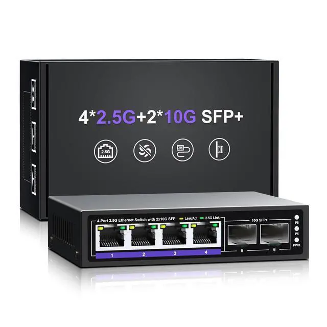 Main image of 6 Port 2.5G Unmanaged Ethernet Switch, 4 x 2.5G Base-T Ports, 2 x 10G SFP+, Compatible with 100/1000/2500Mbps, Metal Fanless, Desktop/Wall Mount NICGIGA 2.5Gbe Network Switch for Wireless AP, NAS, PC