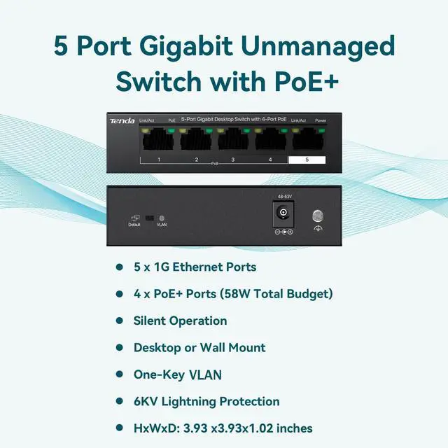 Alt view image 2 of 7 - TEG1105P, 5 Port Gigabit PoE Switch Compatible with IEEE 802.3af/at Devices, Unmanaged PoE Switch with 4 Port PoE+@63W, Plug & Play, Fanless & Metal Design, Limited Lifetime Protection