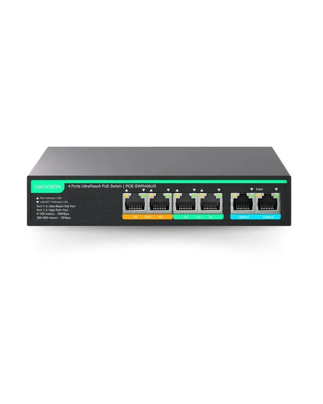 Main image of 4 Ports UltraReach PoE Switch with Remote Cloud Management, Up to 2600ft Long Range PoE and Data Transmission, 2 High-PoE+ Ports for Big PTZ Cameras
