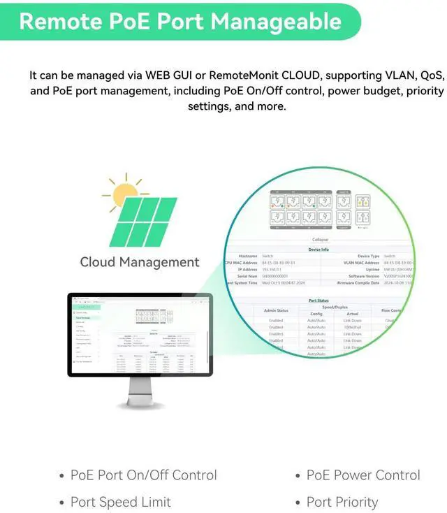Alt view image 5 of 7 - 4 Ports UltraReach PoE Switch with Remote Cloud Management, Up to 2600ft Long Range PoE and Data Transmission, 2 High-PoE+ Ports for Big PTZ Cameras