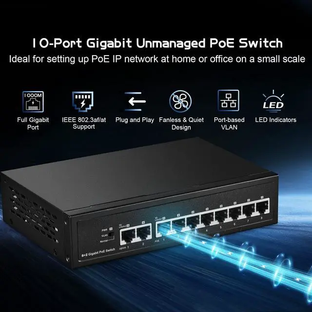 Alt view image 2 of 7 - 10 Port Gigabit POE Switch, 8 POE+ 1000Mbps, 2 Gigabit Uplink, IEEE802.3af/at, 120W Internal Power Supply, Metal Case Unmanaged Plug and Play Binardat Switch
