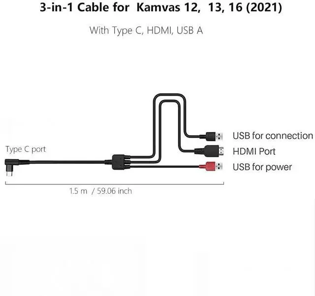 Alt view image 2 of 6 - 3-in-1 Cable CB05A Suitable for huion Graphics Drawing Tablet Display Kamvas 12 Kamvas 13 Kamvas 16 (2021) with HDMI Type C USB A