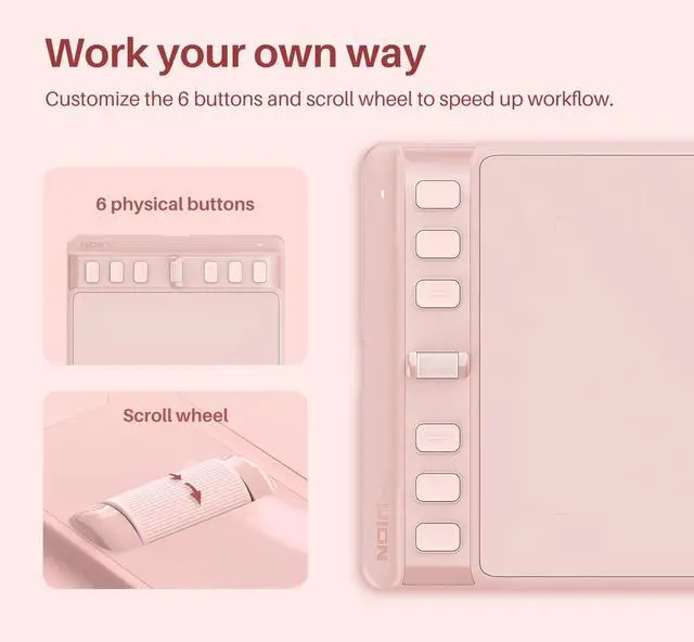 Alt view image 3 of 7 - Inspiroy 2 Small Drawing Tablet, Digital Art Tablet with Scroll Wheel, 6 Hot Keys, Battery-Free Stylus, Pink Graphics Tablet for Drawing, Design, Writing, Work with PC, Mac & Android
