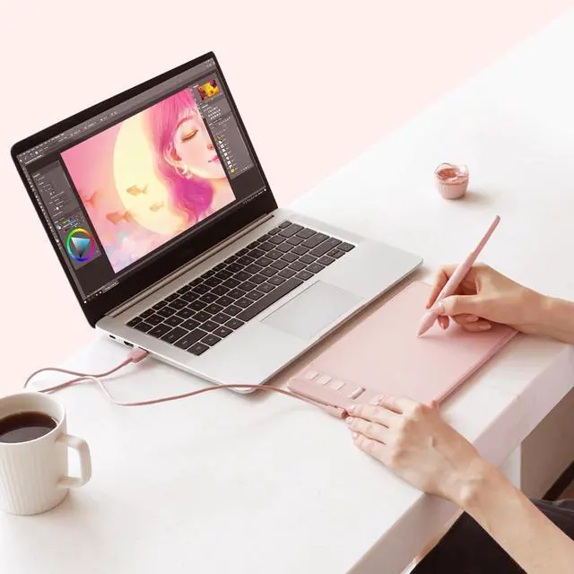 Alt view image 6 of 7 - Inspiroy 2 Small Drawing Tablet, Digital Art Tablet with Scroll Wheel, 6 Hot Keys, Battery-Free Stylus, Pink Graphics Tablet for Drawing, Design, Writing, Work with PC, Mac & Android