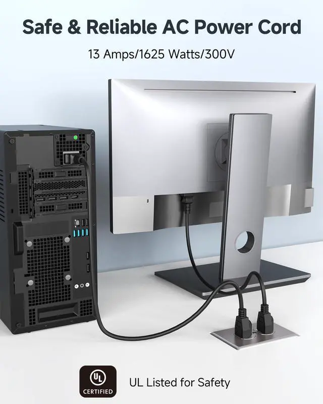 Alt view image 4 of 7 - 2-Pack 16 AWG Heavy Duty 3 Prong Computer Monitor Power Cord in 10 Feet (NEMA 5-15P to IEC C13)